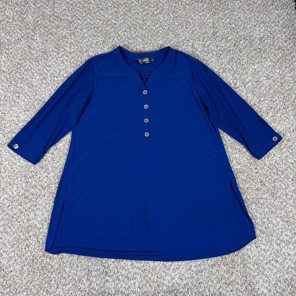 Sympli Top Womens 10 Blue 3/4 Sleeve Button V-Neck Side Slit Henley Tunic